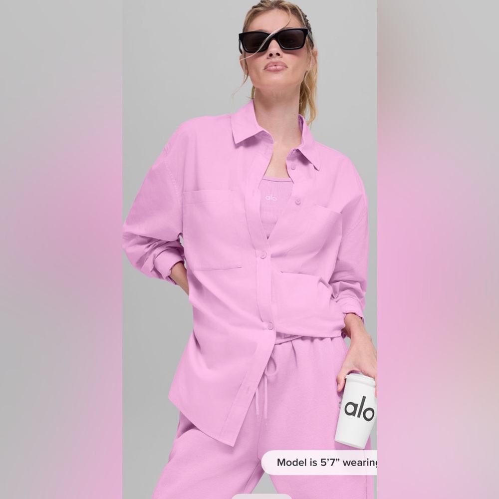 ALO Yoga Cotton Real Deal Button Up Long Sleeve- New Limited color Candy Heart p